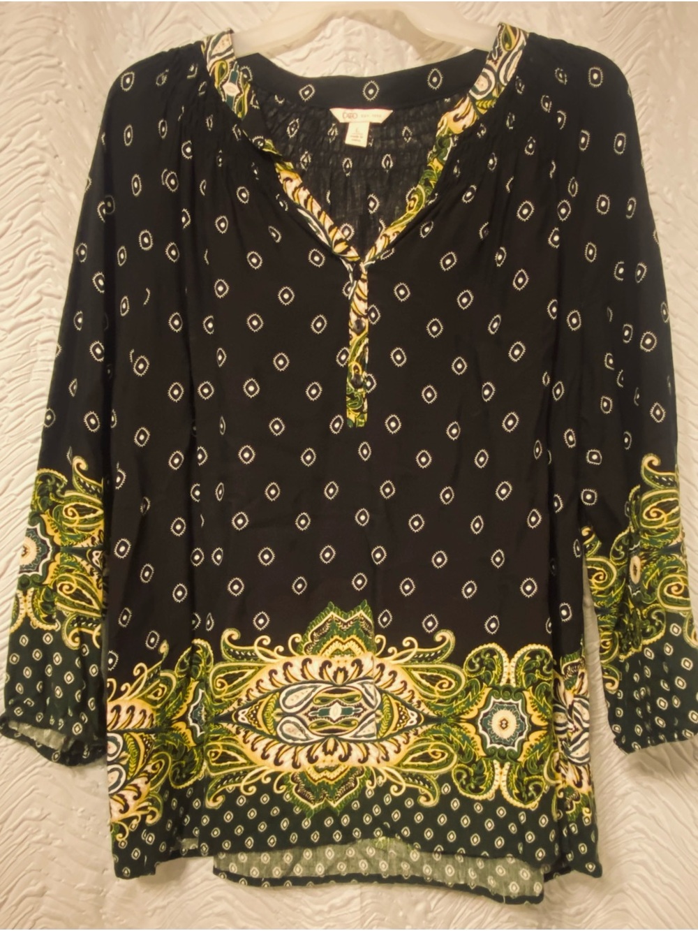 Cato Black Green & Cream Border Print Peasant Blouse
